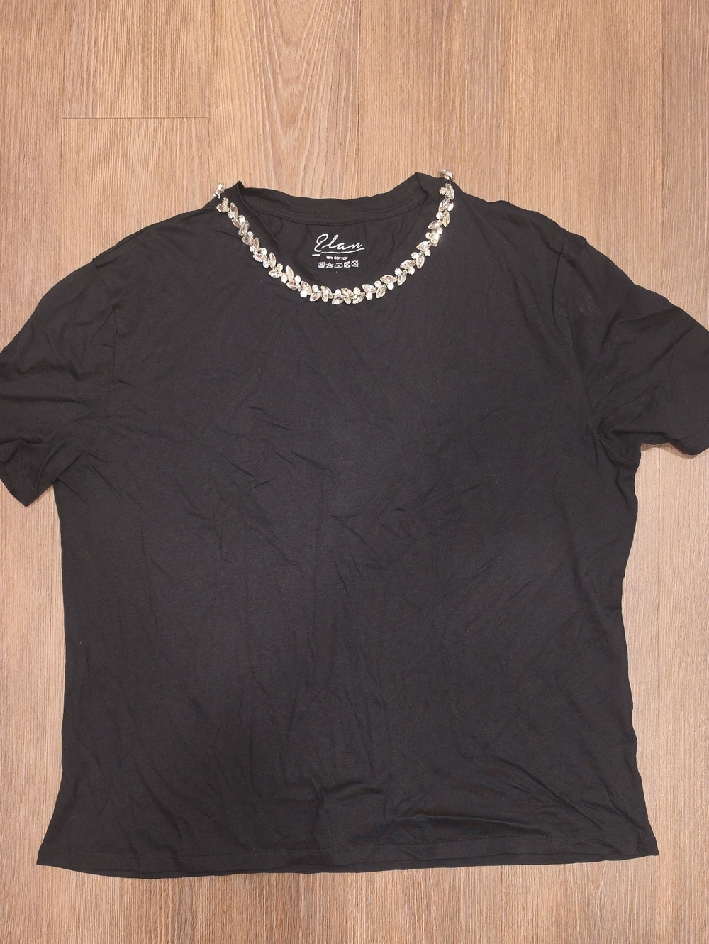 Elan Black Short Sleeve Tee with Rhinestone Collar